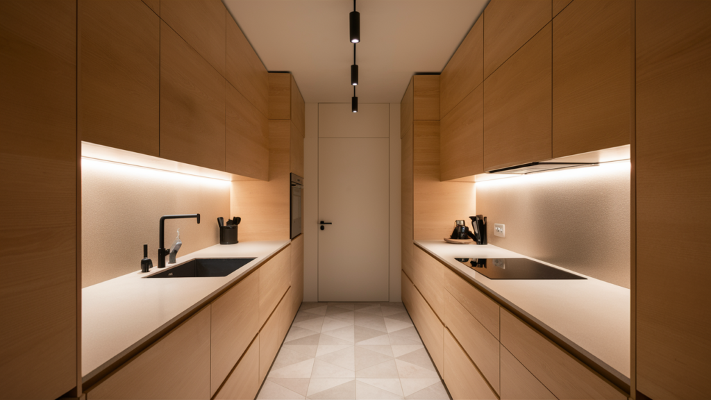 Enhance a galley kitchen with a sleek, minimalist design