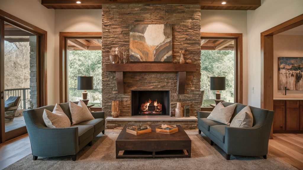 Exquisite Stone Fireplace With A Custom-designed, Hand-carved Mantel