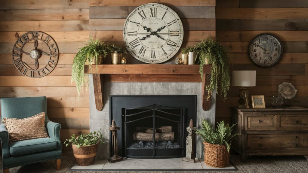 Farmhouse Fireplace Mantel With A Raw, Natural Wood Finish