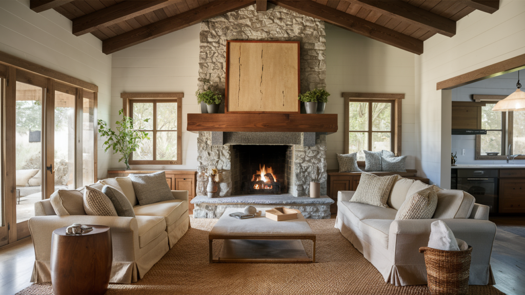 Farmhouse-style fireplace room with a stone hearth