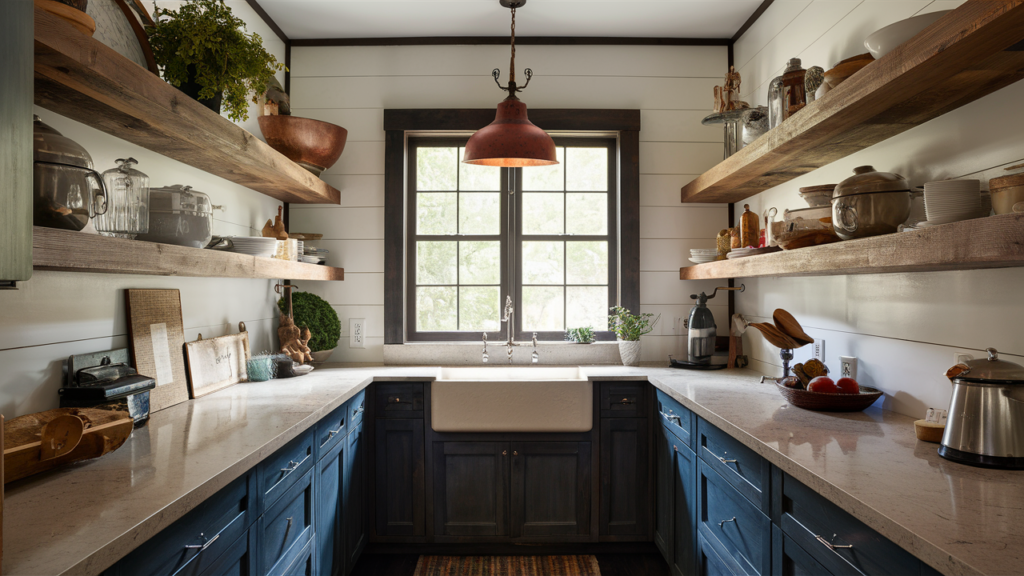 Farmhouse-style galley kitchen featuring reclaimed wood shelves