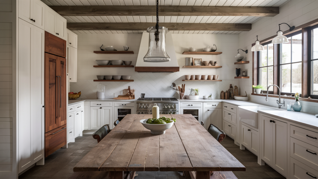 Farmhouse white and wood kitchen featuring shaker-style cabinets