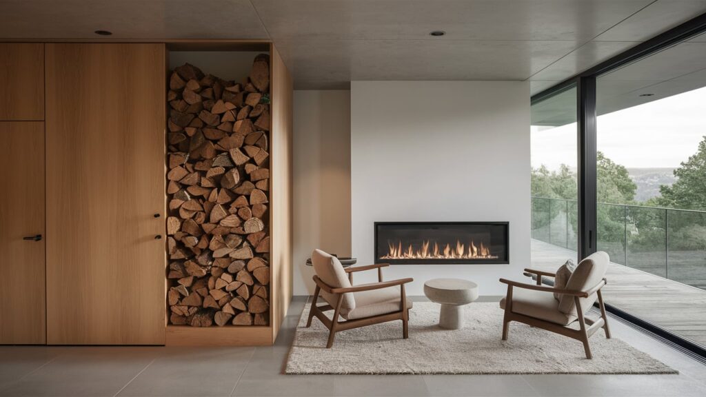 Firewood Storage Cabinet With Open Shelving Next To A Modern Linear Fireplace