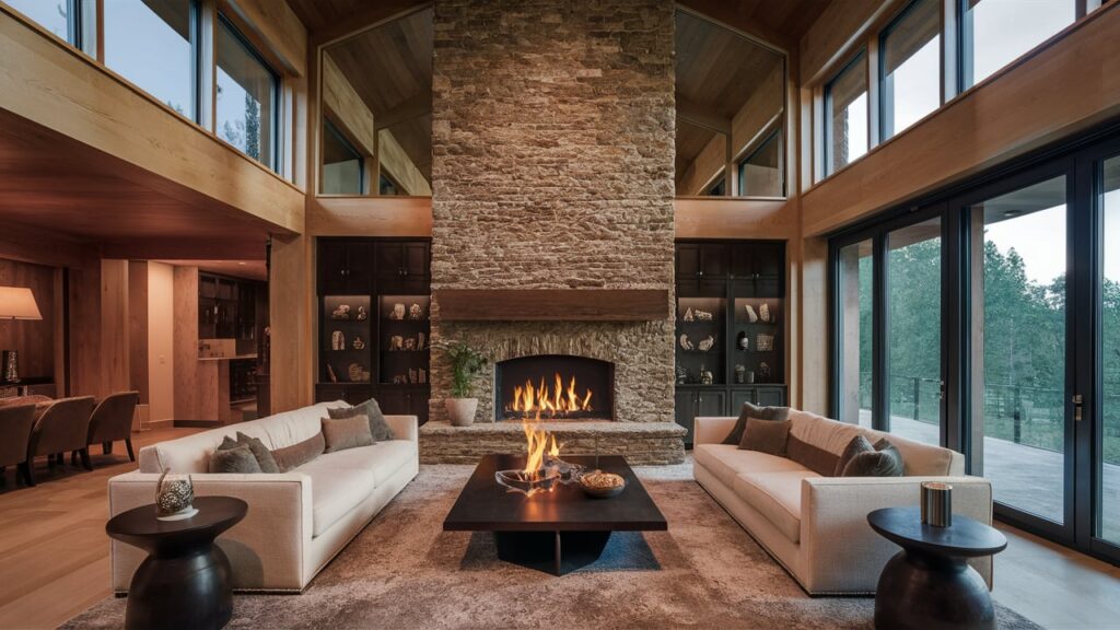 Grand Stone Fireplace With Floor-to-ceiling Design