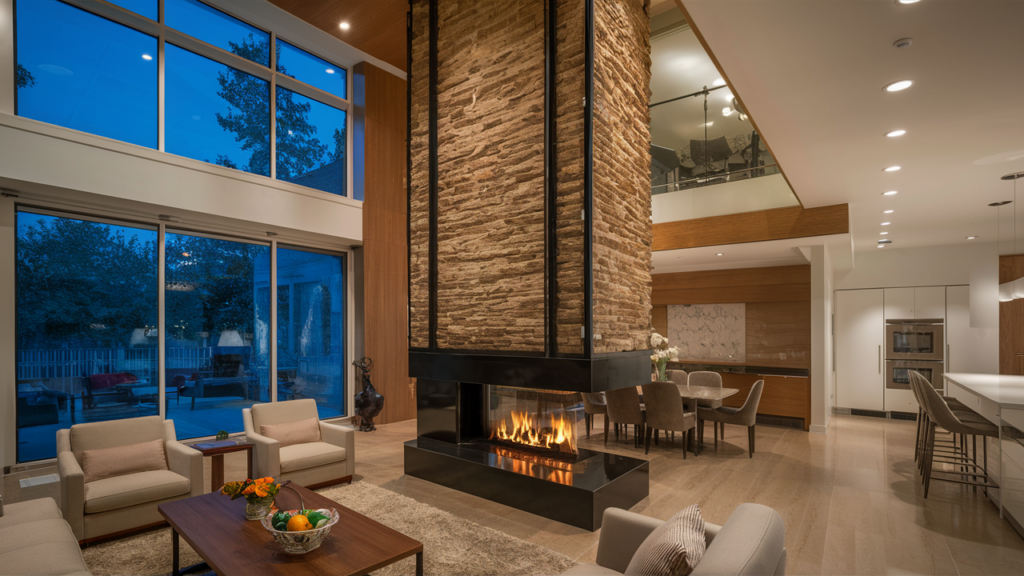 Grand, Dual-sided Fireplace With A Towering Glass Wall, Serving As A Room Divider