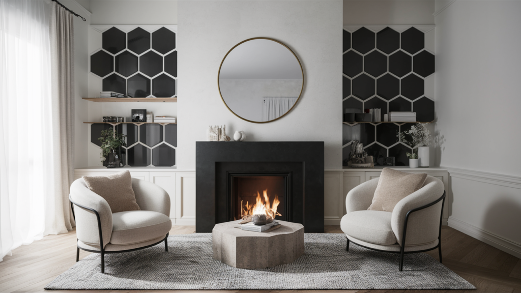 black and white tiles around a minimalist fireplace