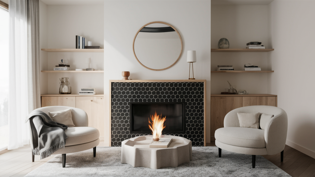 Hexagonal black and white tiles around a minimalist fireplace design