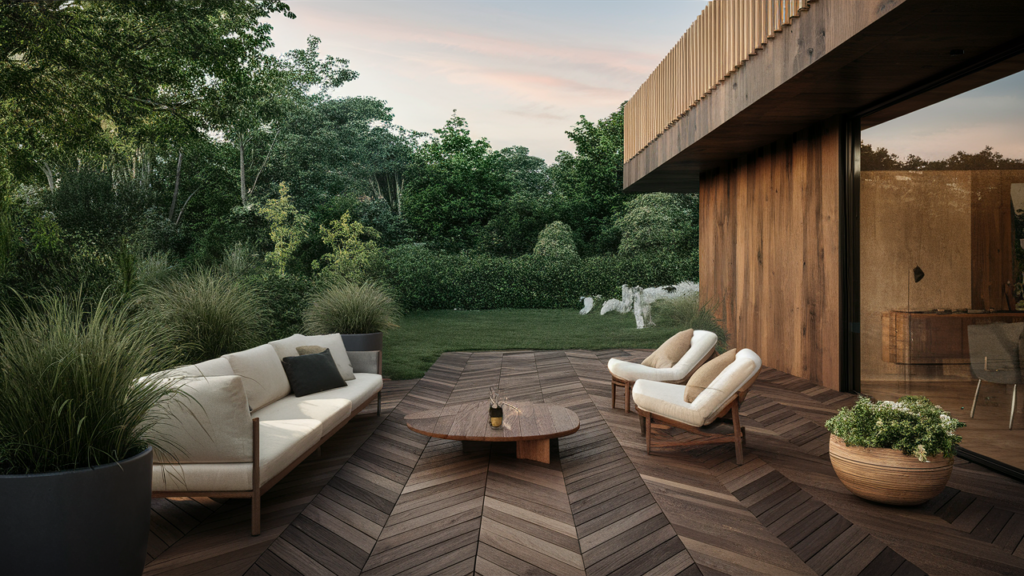 Illustrate a modern patio with wooden deck flooring