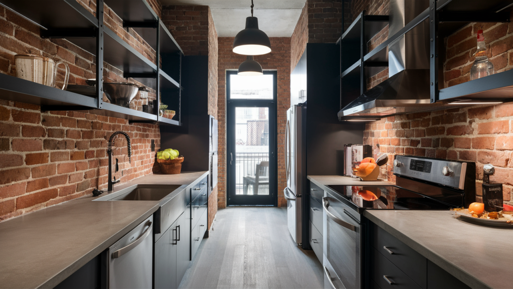 Industrial galley kitchen with black metal shelving