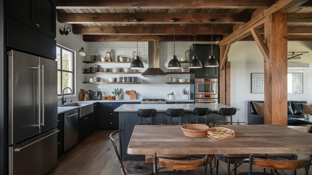 Industrial rustic kitchen with black steel appliances