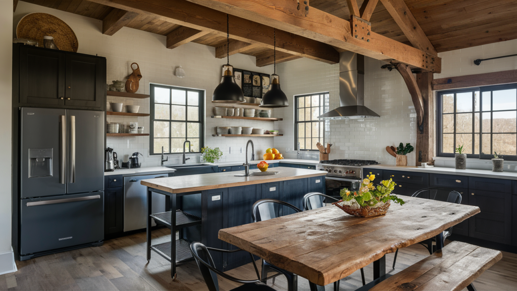 Industrial rustic kitchen with black steel