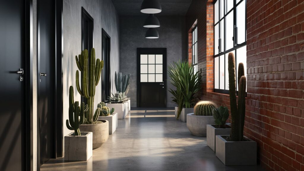 Hallway With A Mix Of Cacti And Succulents In Concrete