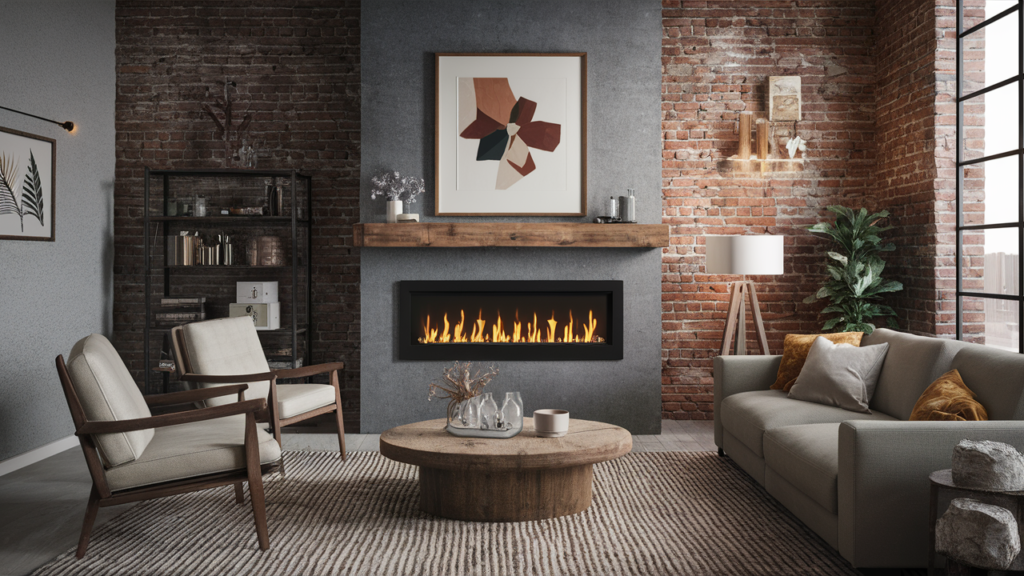 Industrial-style Linear Gas Fireplace With A Matte Black Finish