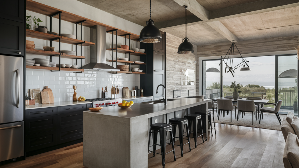 Industrial-style open-concept kitchen featuring black metal shelving