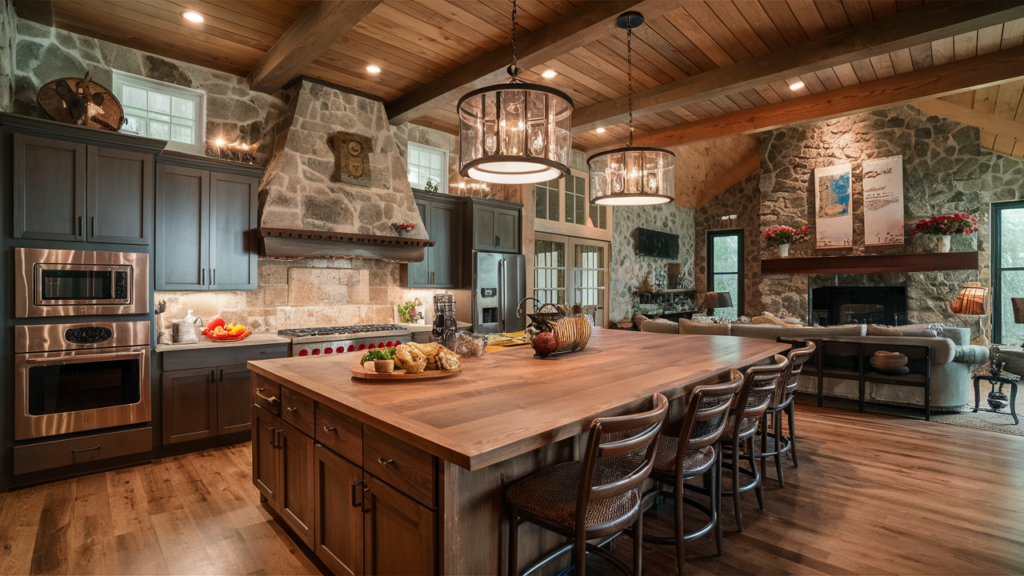 Inviting rustic kitchen with an oversized wooden island, stone walls