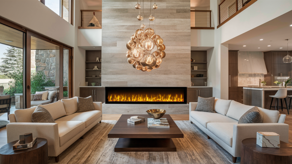 Linear Electric Fireplace In A Spacious Open Concept Living Room