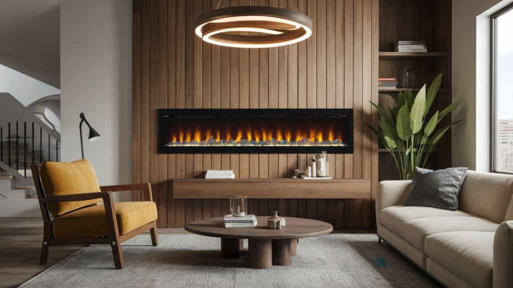 Linear electric fireplace embedded in the wall with ambient LED lighting