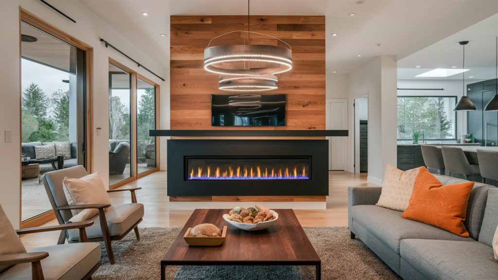 Linear Gas Fireplace With A Striking Black Frame And Bright Led