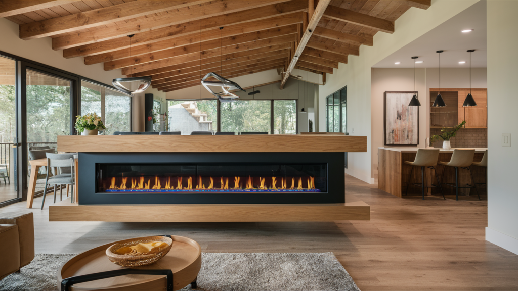 Linear Gas Fireplace With A Striking Black Frame And Bright Led Lighting Accents