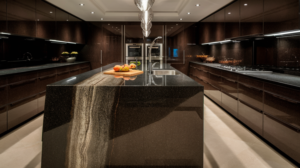 Luxe modern kitchen with dark granite countertops