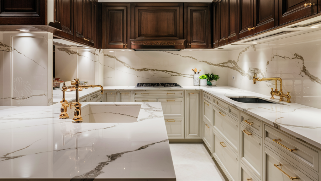 Luxurious kitchen with white marble countertops