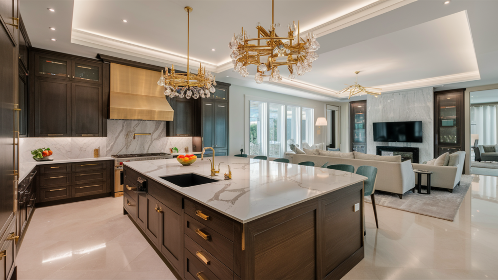 Luxurious open-concept kitchen with gold accents