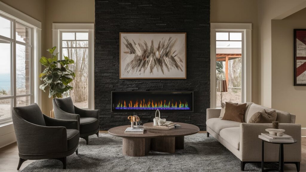 Luxury Electric Fireplace Embedded In A Glossy Black Stone Surround