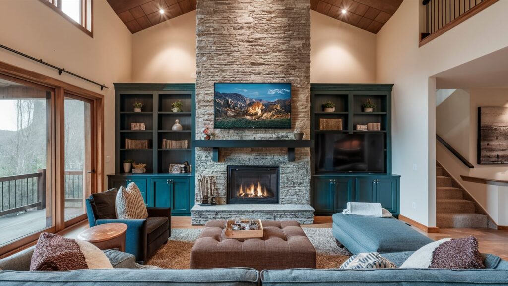 Luxury living room with a stone fireplace, a large TV mounted