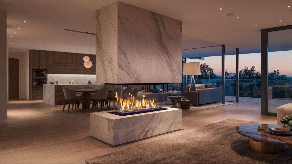 Luxury two-sided fireplace in an open-plan living room
