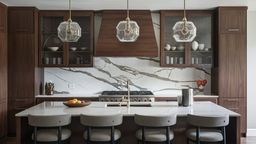 Marble backsplash with dramatic veining, adding sophistication