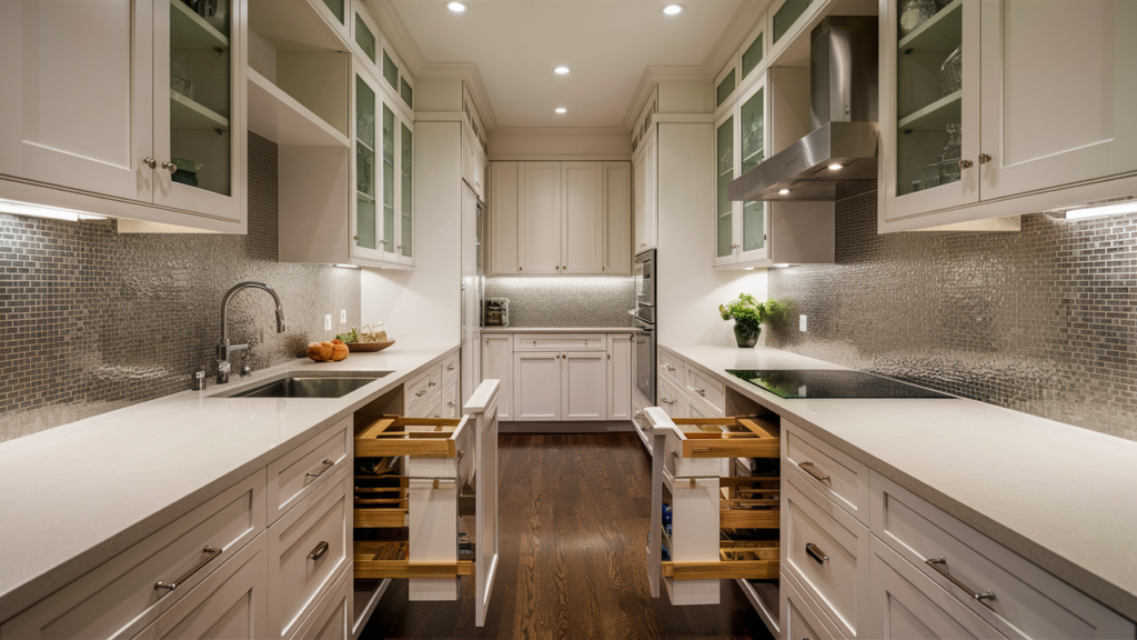 Maximize space in a galley kitchen with light-colored cabinetry