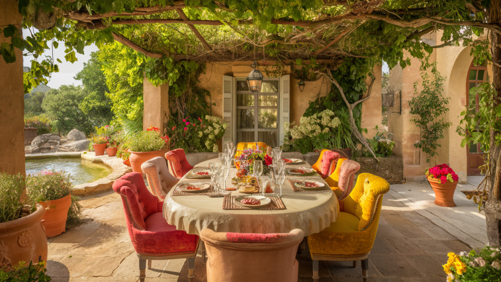 Mediterranean Outdoor Dining With Stone Table