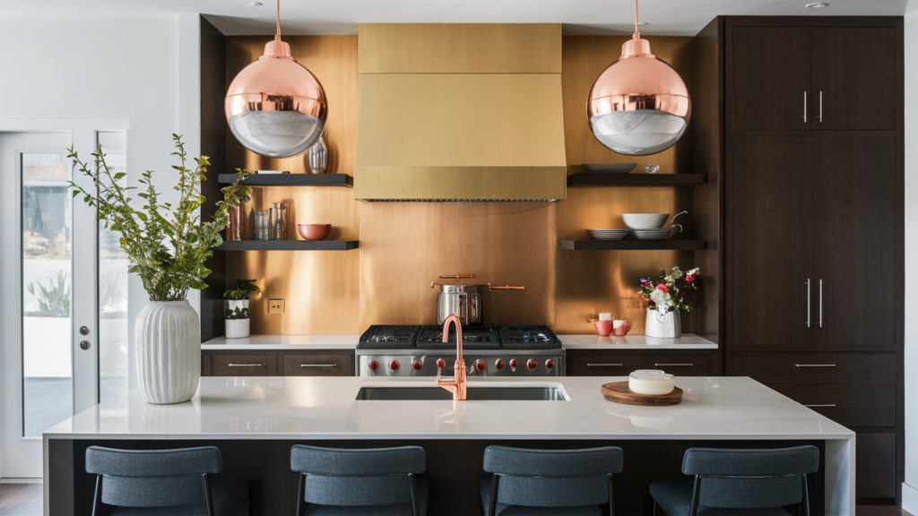 Metallic backsplash in brushed gold