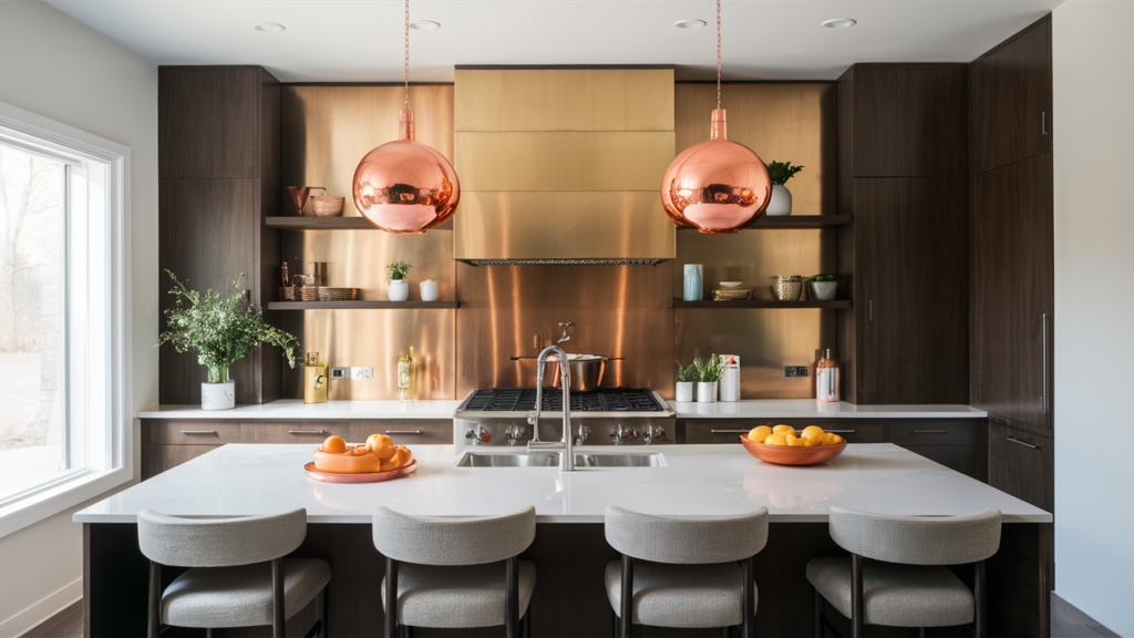 Metallic backsplash in brushed gold or copper for a high-end