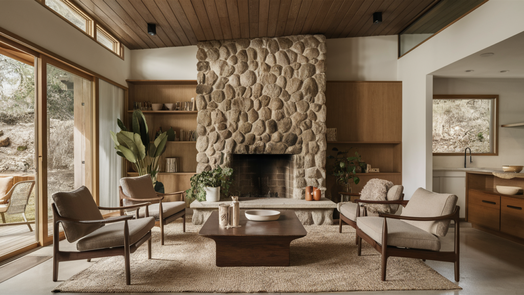 Mid-century Modern Stone Fireplace With Minimalist Aesthetic