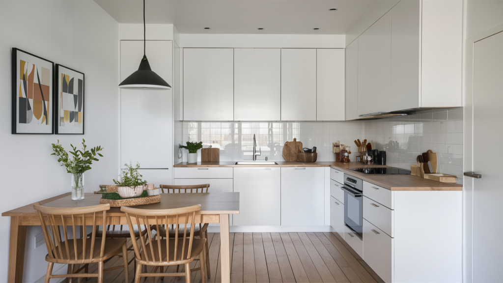 Minimalist Scandinavian kitchen with white walls, light wood floors