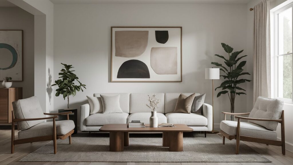 Minimalist modern mid-century living room with neutral tones