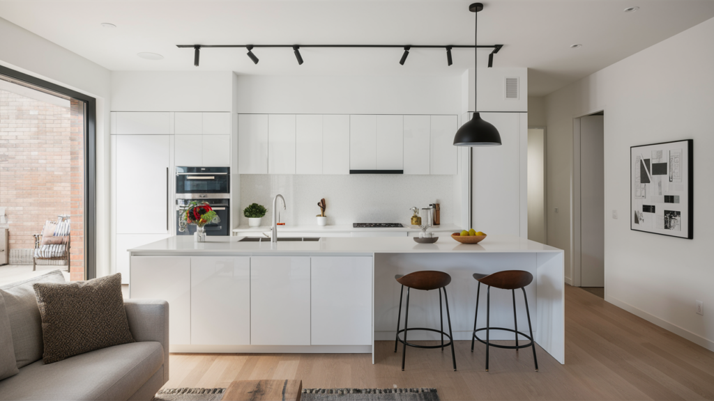 Minimalist open-concept kitchen with white walls, modern fixtures