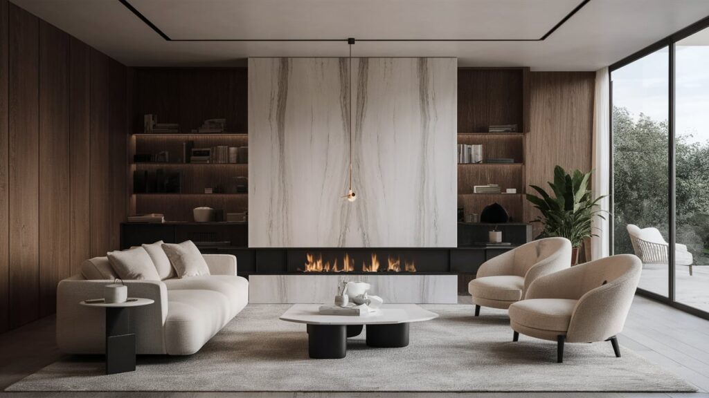 Minimalist White Marble Fireplace With A Thin