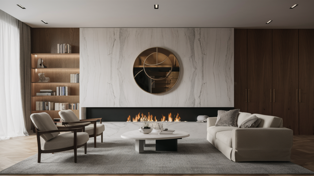 Minimalist White Marble Fireplace With A Thin, Linear Design