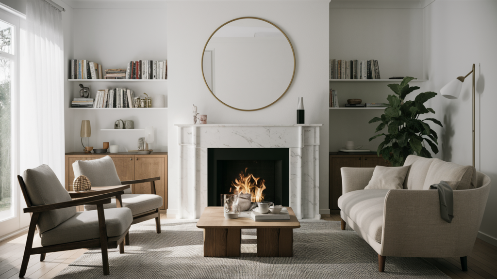 Modern Scandinavian Fireplace With A White Marble Mantel