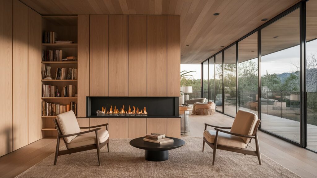 Modern corner fireplace with a sleek black frame