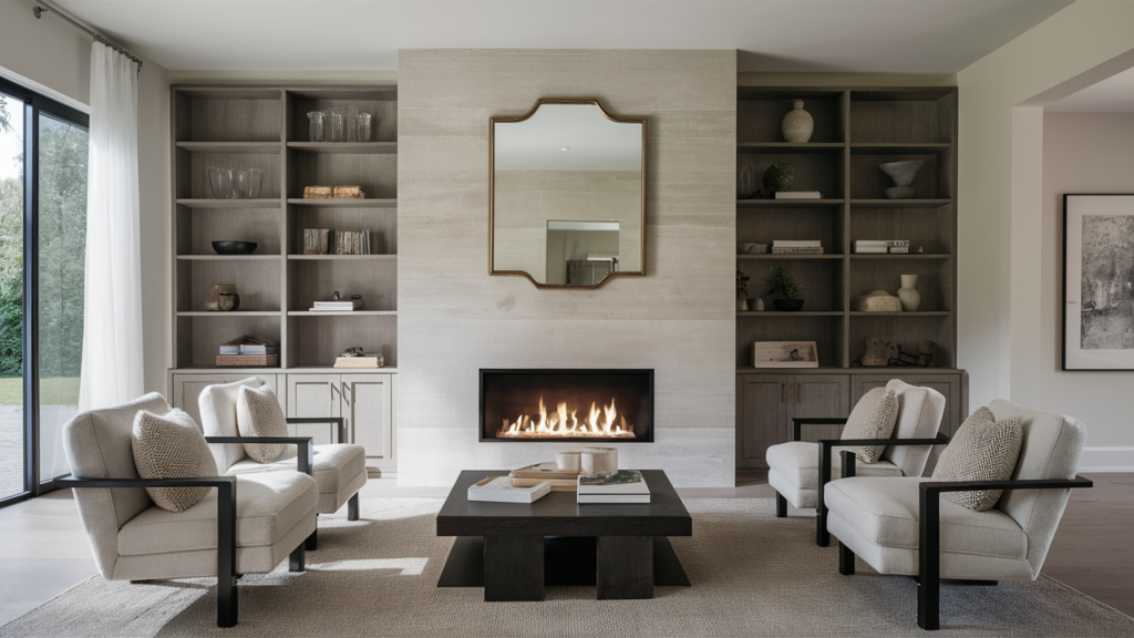 Modern fireplace with sleek, minimalist shelving flanking each side