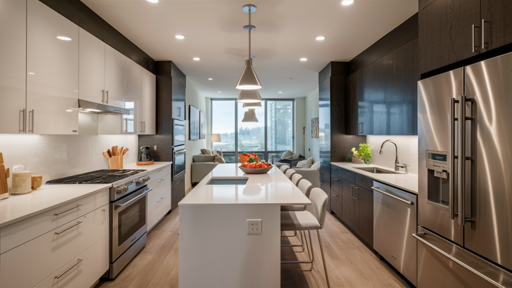 Modern galley kitchen with sleek white cabinetry