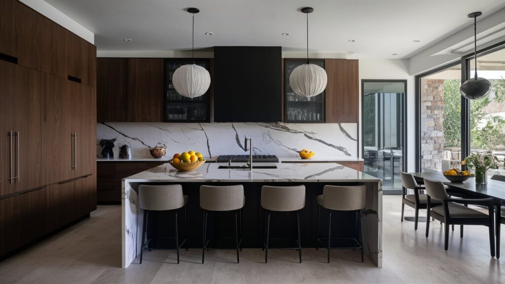 Modern kitchen island with dramatic black marble