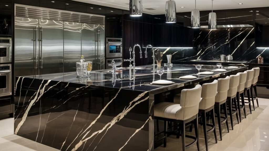 Modern kitchen island with dramatic black marble countertops