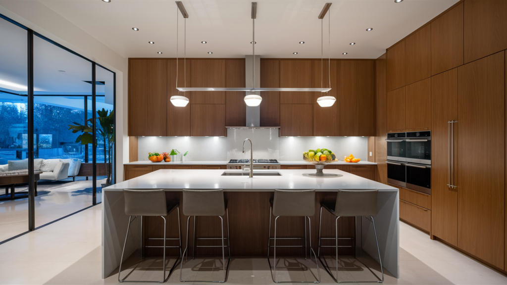 Modern kitchen with a large central island, sleek quartz countertops