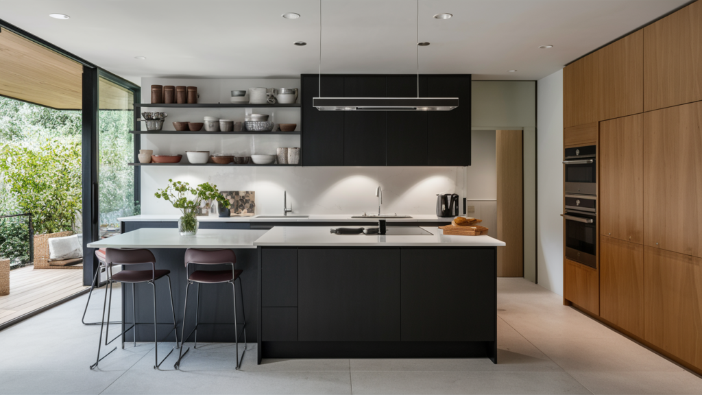 Modern kitchen with a mix of open shelving for display