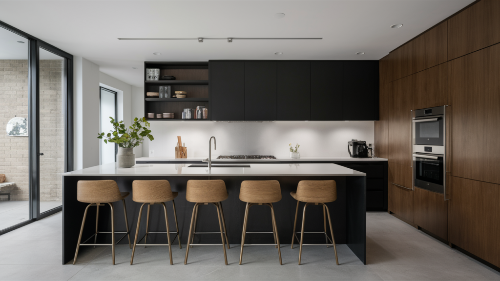 Modern kitchen with a mix of open shelving for display and closed cabinets