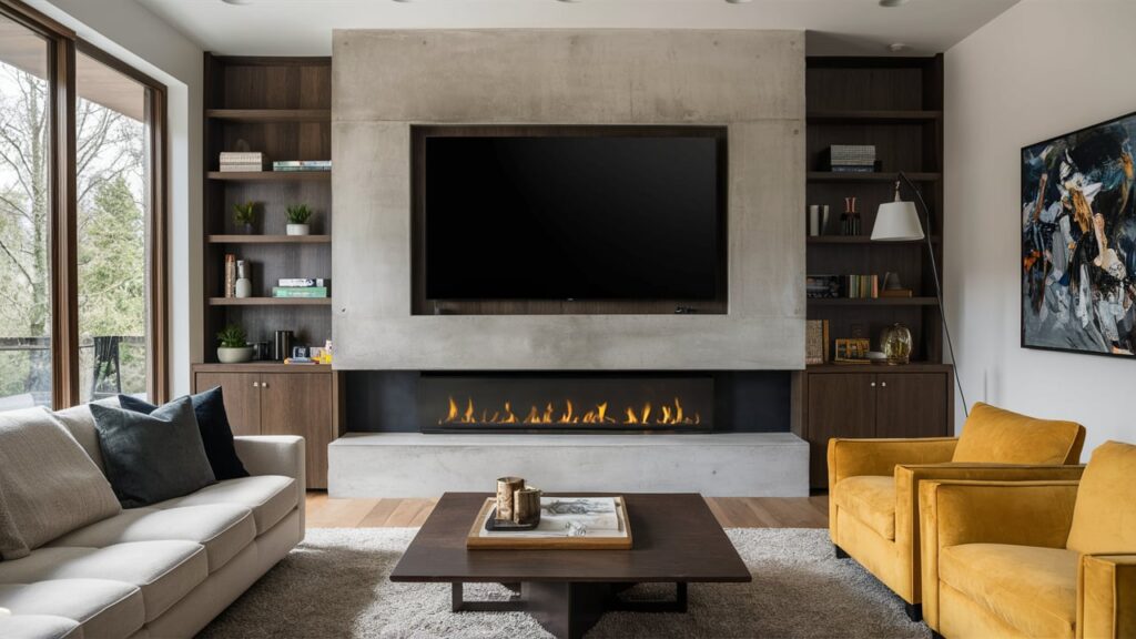 Modern living room featuring a sleek black fireplace